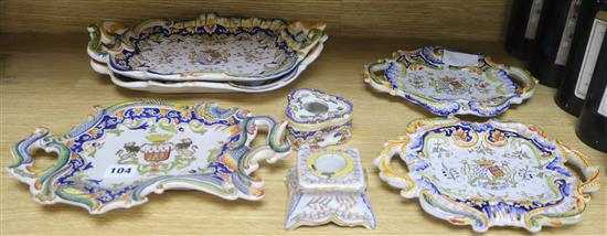 A collection of French faience dishes, inkwells, etc.